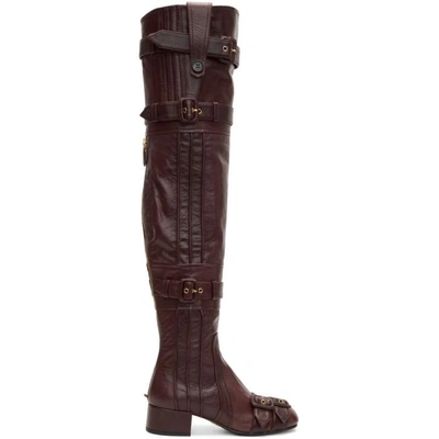 Prada Burgundy Buckle Over-the-knee Boots In Brown