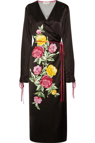 Attico Grace Floral-print Satin Wrap Midi Dress In Black