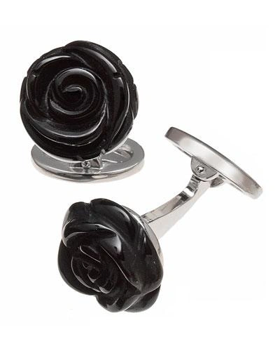 JAN LESLIE ONYX CARVED ROSE CUFF LINKS,PROD104350003