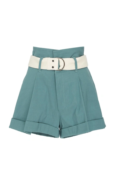 Sea Poppy Belted Cotton & Linen Blend Shorts In Green