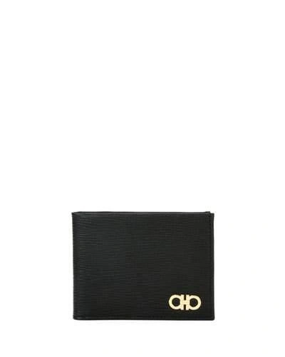 Ferragamo Men's Revival Gancini Bi-fold Leather Wallet With Window, Black In Nero/ Red / Nero