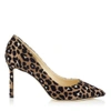 JIMMY CHOO ROMY 85 CHAI MIX SATIN POINTY TOE PUMPS WITH FLOCKED LEOPARD PRINT,ROMY85KLF S