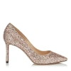 JIMMY CHOO ROMY 85 Ballet Pink Shadow Coarse Glitter Fabric Pointy Toe Pumps,ROMY85SAO