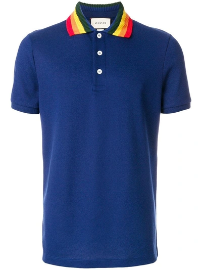 Gucci Slim-fit Appliquéd Stretch-cotton Piqué Polo Shirt In Blue
