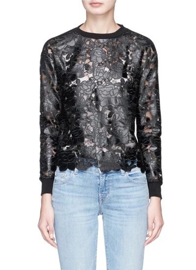 Alice And Olivia 'jesse' Faux Leather Floral Patch Lace Panelled Sweatshirt In Black