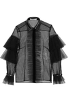 PHILOSOPHY DI LORENZO SERAFINI FAUX LEATHER-TRIMMED SWISS-DOT TULLE AND LACE BLOUSE