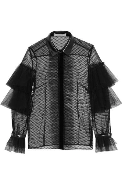 Philosophy Di Lorenzo Serafini Faux Leather-trimmed Swiss-dot Tulle And Lace Blouse In Black