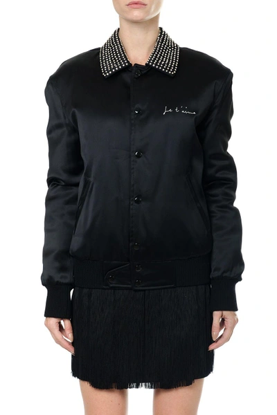 Saint Laurent Je T'aime Embellished Satin Bomber Kjacket In Black