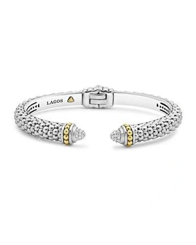 Lagos 18k Gold And Sterling Silver Caviar And Diamonds Cuff, 8mm In White/silver