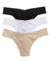 Hanky Panky Signature Set Of Three Low-rise Stretch-lace Thongs In Black White Chai