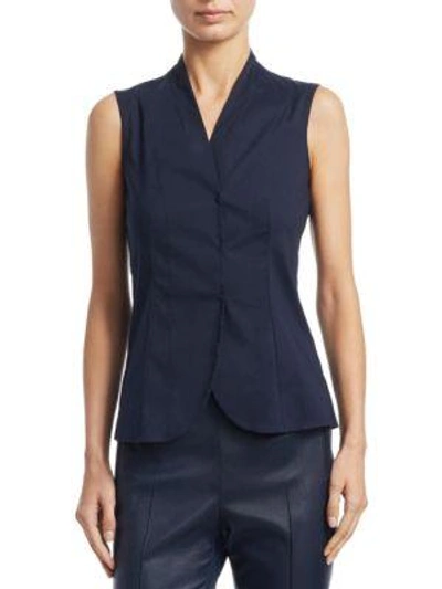 Akris V-neck Snap-front Sleeveless Poplin Blouse In Denim