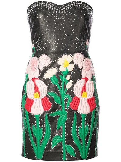 Gucci Leather Flower Intarsia Strapless Dress In Black