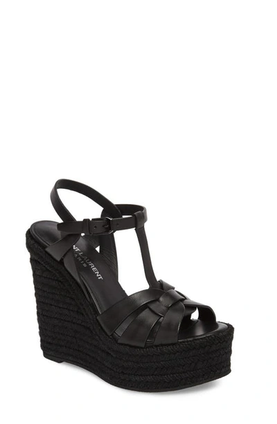 Saint Laurent T-strap Wedge Espadrilles In Black