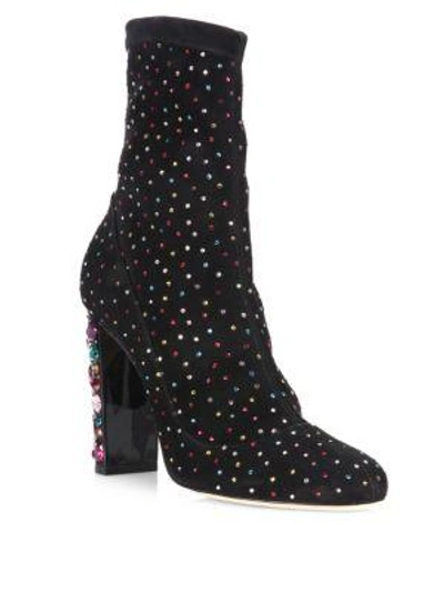 Jimmy Choo Maine 100 Black Suede Booties With Multi Scattered Crystals And Embellished Heel, As Worn By Cara De In Multi/black