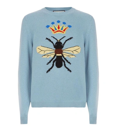 Gucci Bee And Crown-intarsia Wool Sweater In Blue
