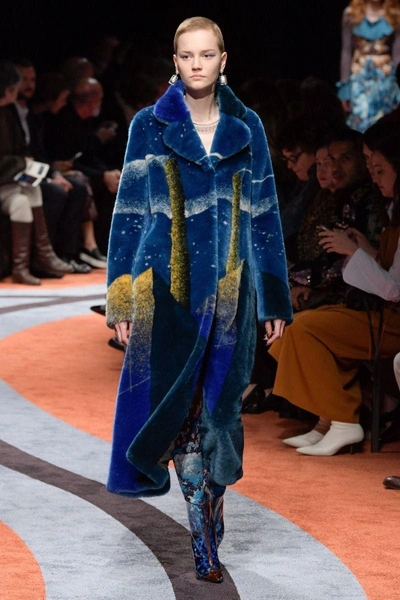 Marco De Vincenzo Surreal Intarsia Faux Fur Long Coat In Blue