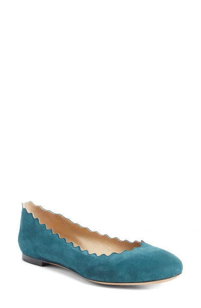 Chloé Lauren Scalloped Ballet Flat In Teal Suede