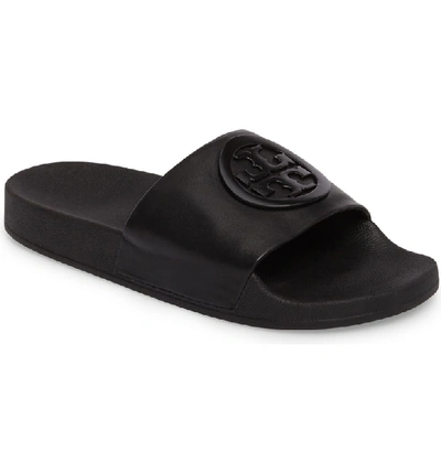 Tory Burch Lina Leather Flat Pool Slide Sandals In Black