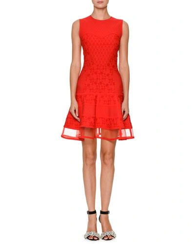 Alexander Mcqueen Sleeveless Jacquard-knit Flared Dress In Lust Red