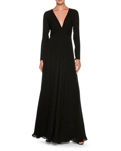 Giorgio Armani Plunging Long-sleeve Silk Cady Floor-length Dress In Black