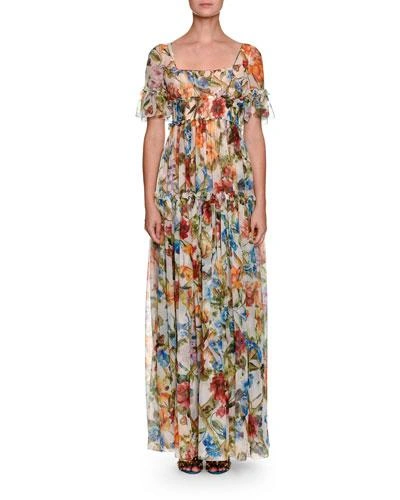 Dolce & Gabbana Bamboo Floral Printed Silk Chiffon Dress In Multicolor