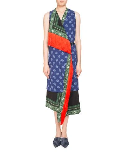 Altuzarra Bina Sleeveless Mixed-print Faux-wrap Dress W/ Fringe Trim In Multicoloured