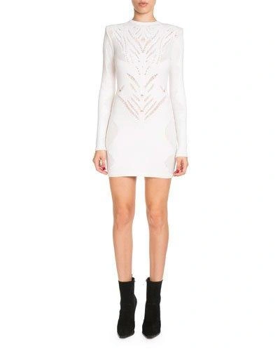 Balmain High-neck Long-sleeve Knit Lace Short Dress In Optical White