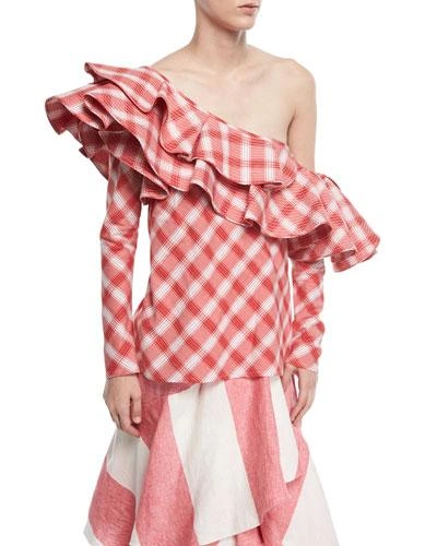 Johanna Ortiz Mangas Coloradas One-shoulder Ruffled Checked Cotton Top In Red/white
