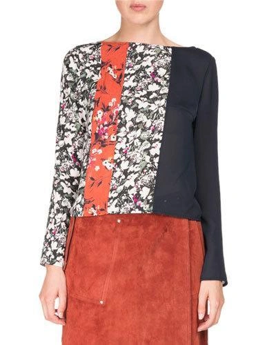 Acne Studios Loretta Mixed Floral-print Long-sleeve Scoop-back Top In Black,floral,orange