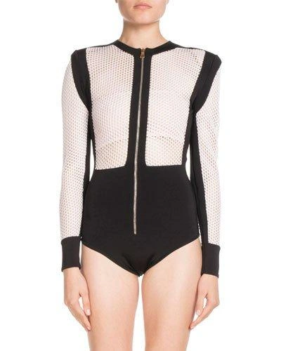 Balmain Long-sleeve Zip-front Bicolor Mesh Bodysuit In Black