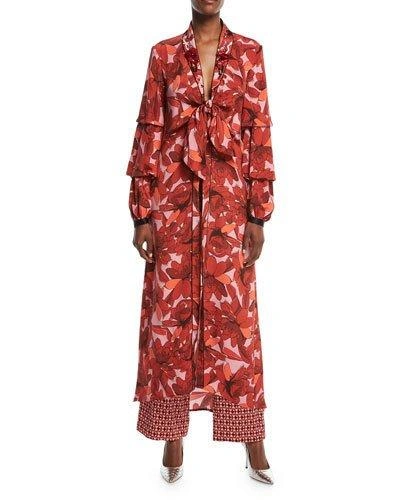 Johanna Ortiz Poppy Floral-print Tie-front Embellished Kimono Jacket In Red
