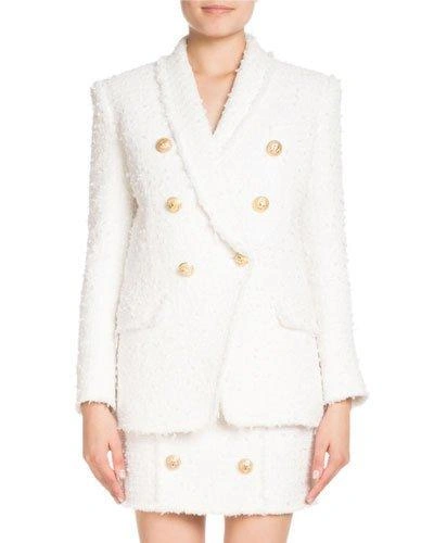 Balmain Double-breasted Shawl-lapel Tweed Blazer In White