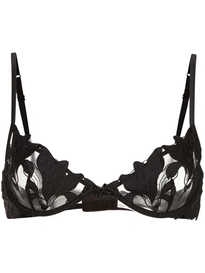 Fleur Du Mal Black Lily Embroidery Plunge Demi Bra In 0100 Black