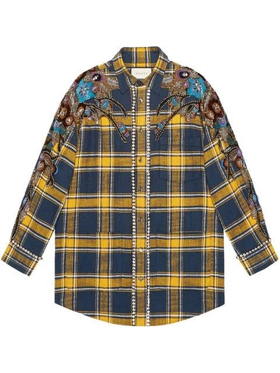 Gucci Embroidered Plaid Oversized Shirt In Blue