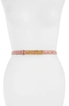 Moschino Logo Plate Skinny Leather Belt In Red/ Brushed Gold