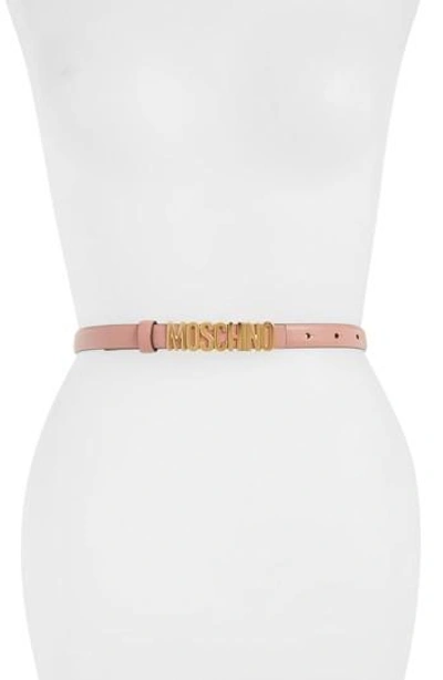 Moschino Logo Plate Skinny Leather Belt In Red/ Brushed Gold