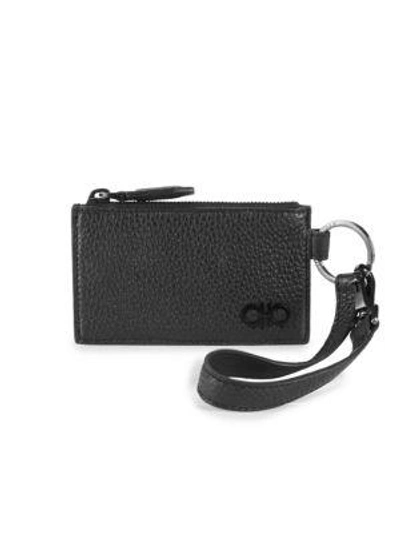 Ferragamo Flat Zip Leather Card Case In Black
