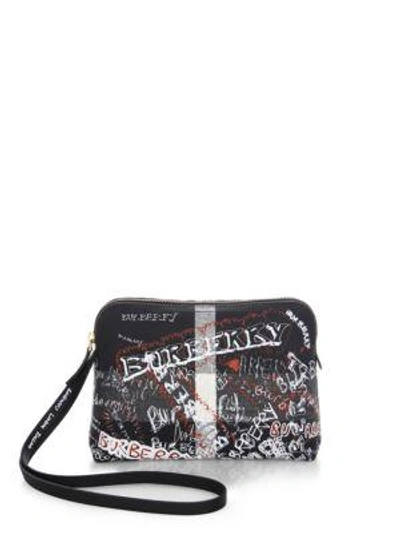 Burberry Large Zip-top Doodle Print Coated Canvas Check Pouch In Black/white