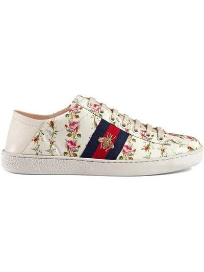 Gucci New Ace Rose-print Foldable-heel Canvas Trainers In Cream Comb