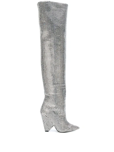 Saint Laurent Niki Swarovski Crystal-embellished Leather Knee Boots In White