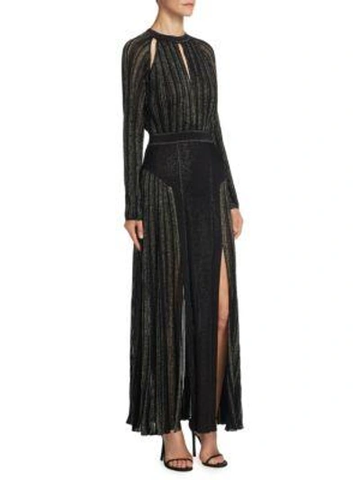 Roberto Cavalli Long-sleeve Keyhole Metallic Knit Evening Gown In Black