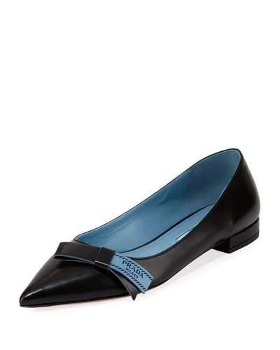 Prada Logo Bow-embellished Point-toe Leather Flats In Black