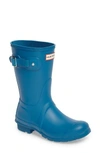 Hunter Original Short Gloss Orange Wellington Boot In Ocean Blue