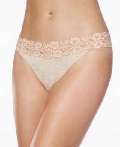 Hanky Panky Heathered Jersey & Lace Original-rise Thong In Oatmeal/ Taupe/ Vanilla