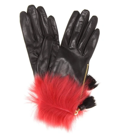 Prada Fur-trimmed Leather Gloves In Black