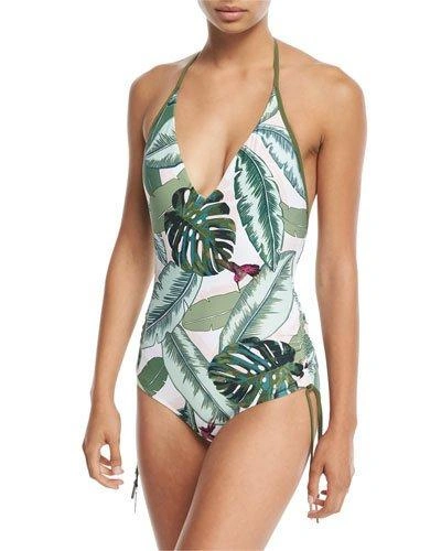 Seafolly Palm Beach Deep-v Maillot Halter One-piece Swimsuit In Green