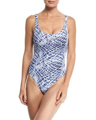 Letarte Printed Lattice-back One-piece Swimsuit In Blue