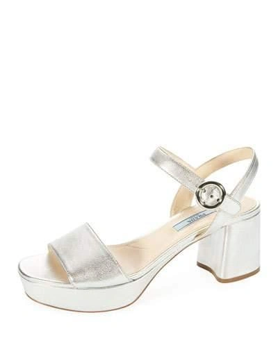 Prada Metallic Leather Platform Low-heel Sandal In Silver