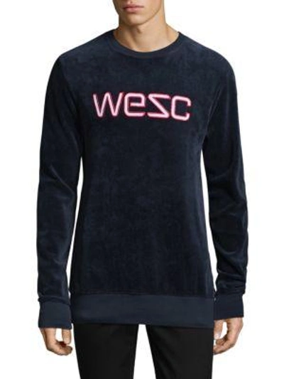 Wesc Miles Velour Sweater In Dark Blue/navy