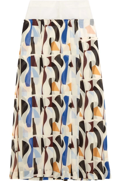 Victoria Beckham Woman Pleated Printed Crepe Midi Skirt Cream In Cream Multi